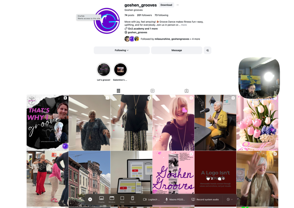 Instagram profile  Goshen Grooves marketing channels showcasing dance content