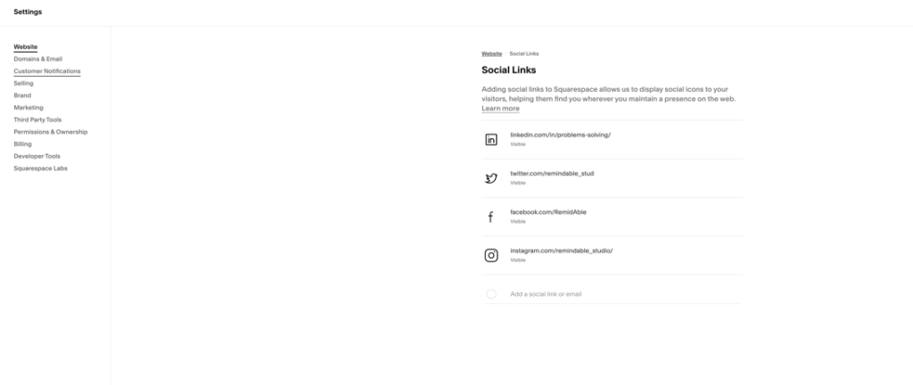 Settings page with social media platformsl links options