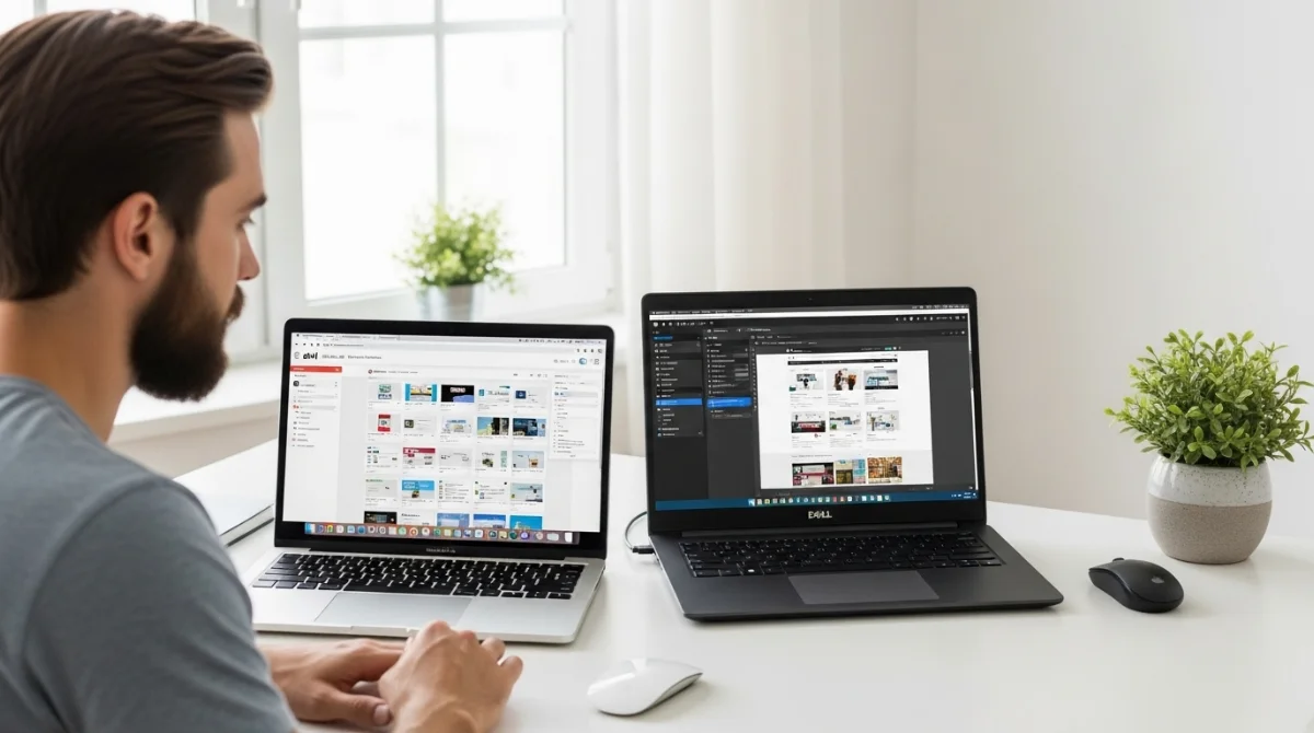 Divi vs Elementor: Which Builder Actually Saves You More Time & Money? A man works at a desk with two laptops