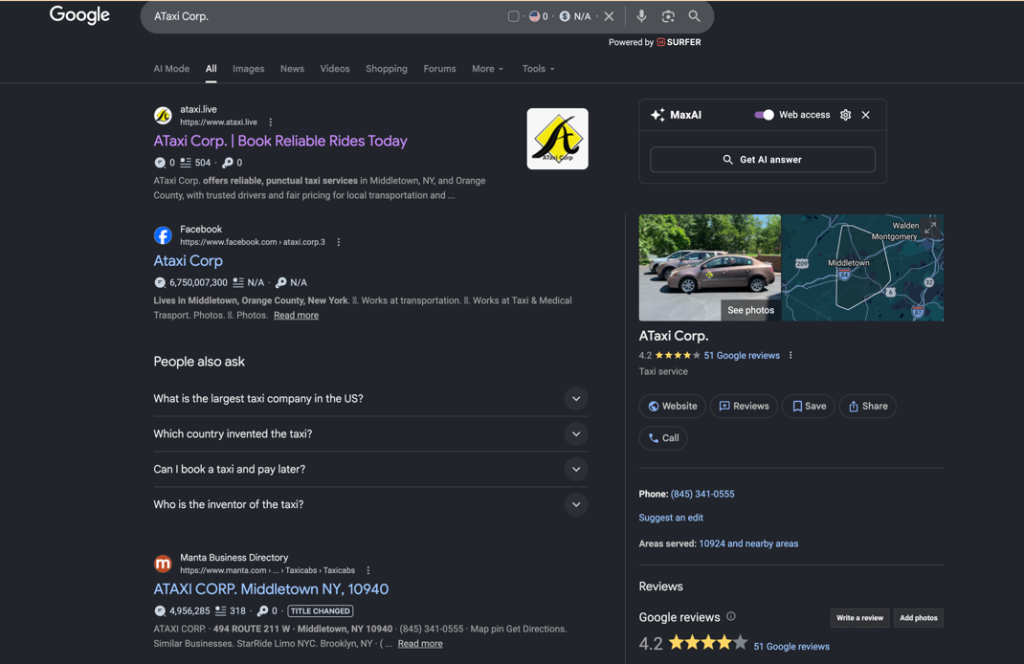 Google search results for A Taxi Corp