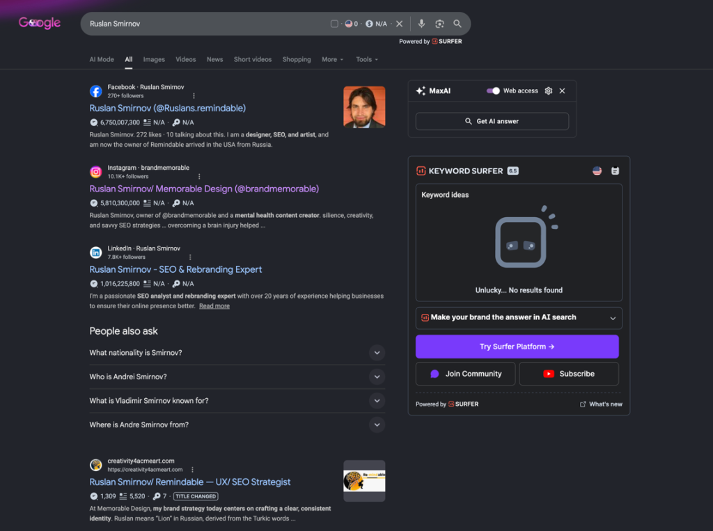 Profile information and social media links