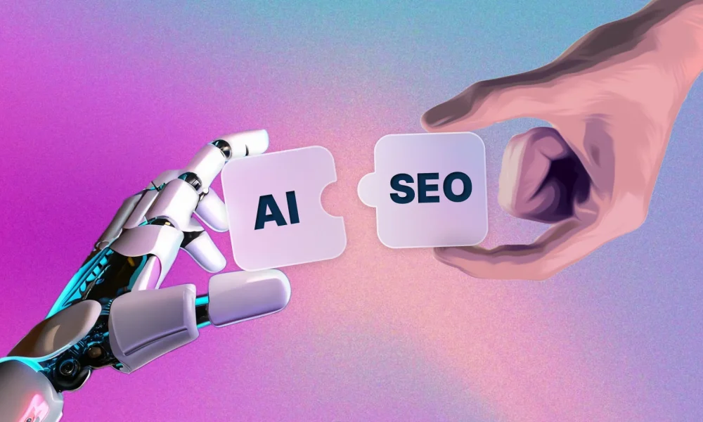 Two hands with ai and seo blocks