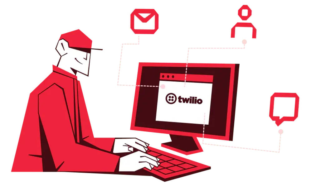 SendGrid (Twilio) is appearing on the screen whic h show a man in red shirt sitting infront of desktop