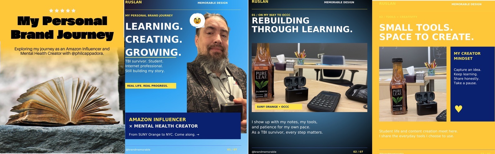 Personal brand journey infographic shows an open book, creator portrait and compact workspace, with an uplifting theme of learning, growth and creativity.