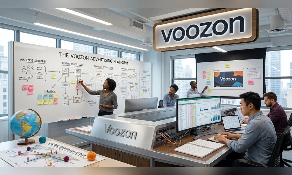 An AI-generated photo of a modern corporate office where an diverse team collaborates in front of large whiteboards